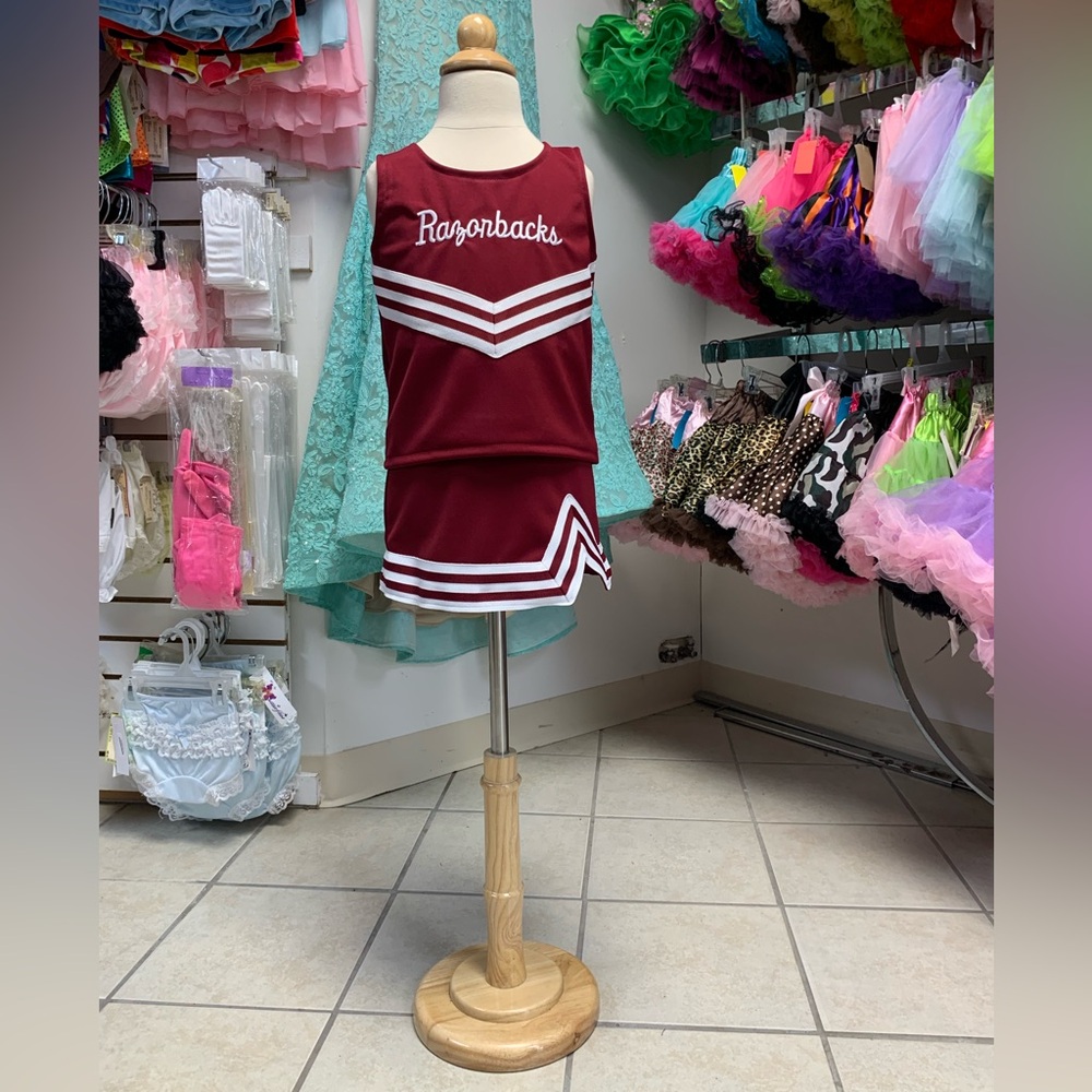Childs Size 2T Thru 12 Cardinal Red Razorbacks Logo Cheerleading Uniform Set NWT